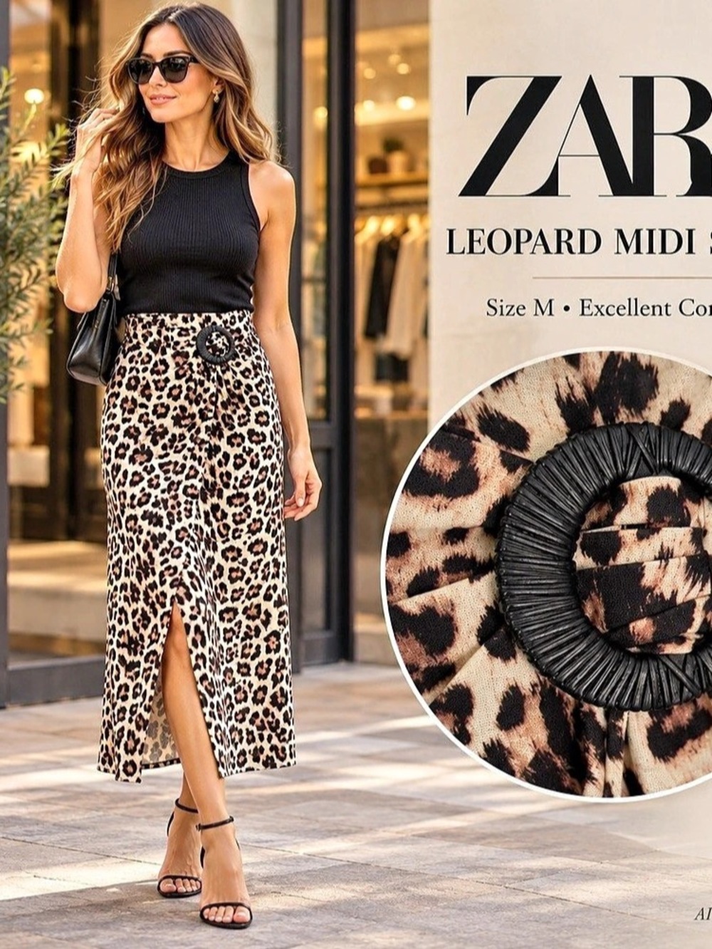 Zara Leopard Print Buckle Midi Skirt in Brown & Black Size Medium